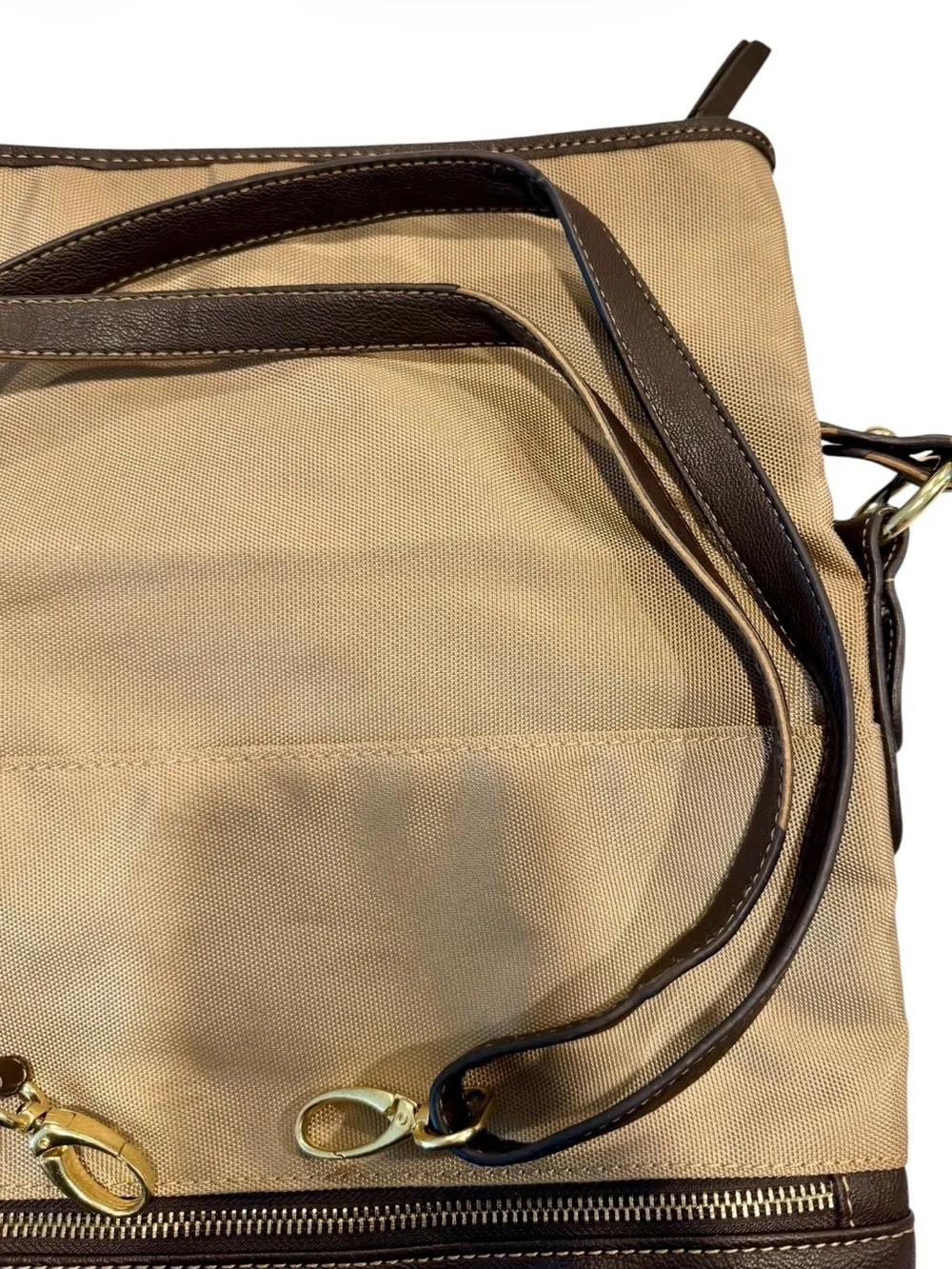 Vintage Franco Sarto Canvas Leather Fold Over Shoulder Bag in Beige/Dark Brown